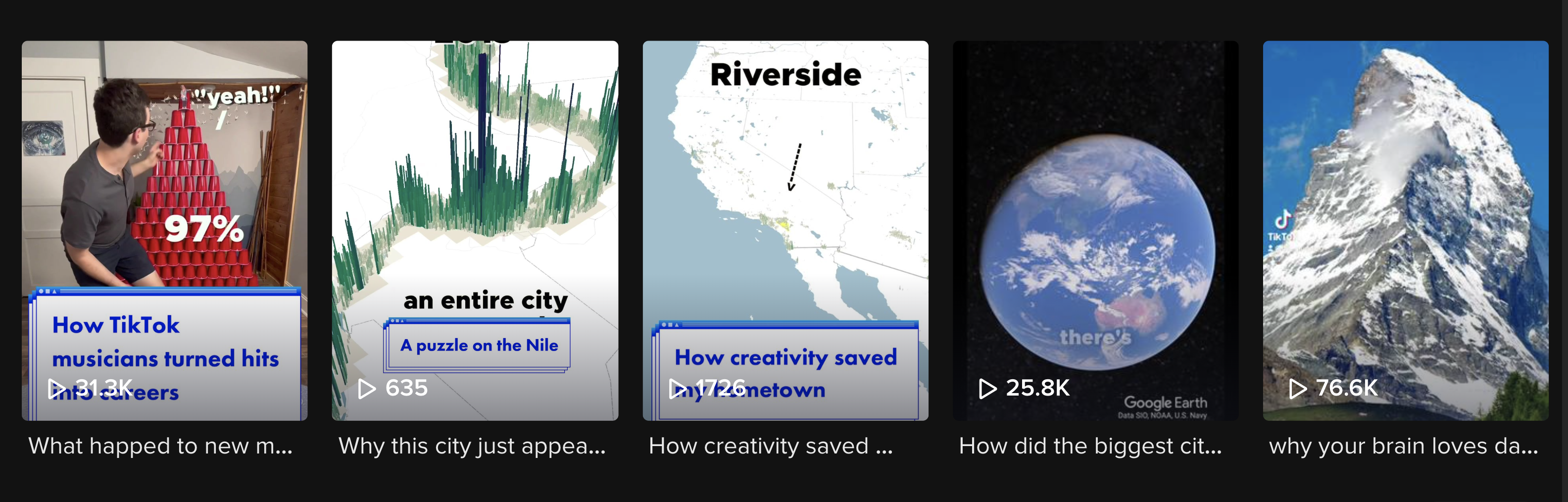 A row of five TikTok videos, showing maps, a man, and a pyramid of red Solo cups